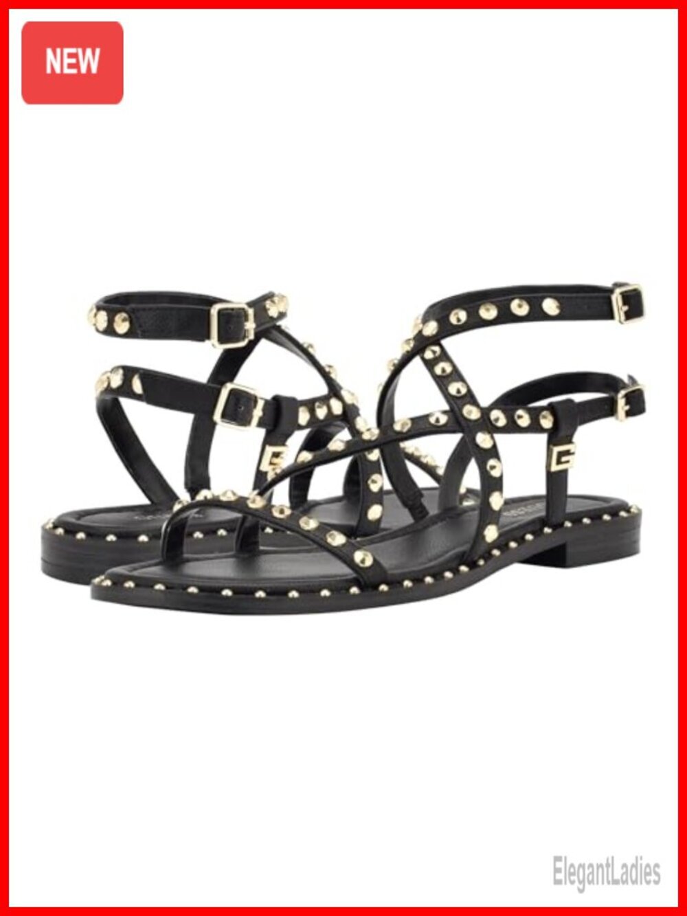 Gladiator Flat Sandal with Dome Studs, Ankle Strap, Faux Leather, Buckle Closure